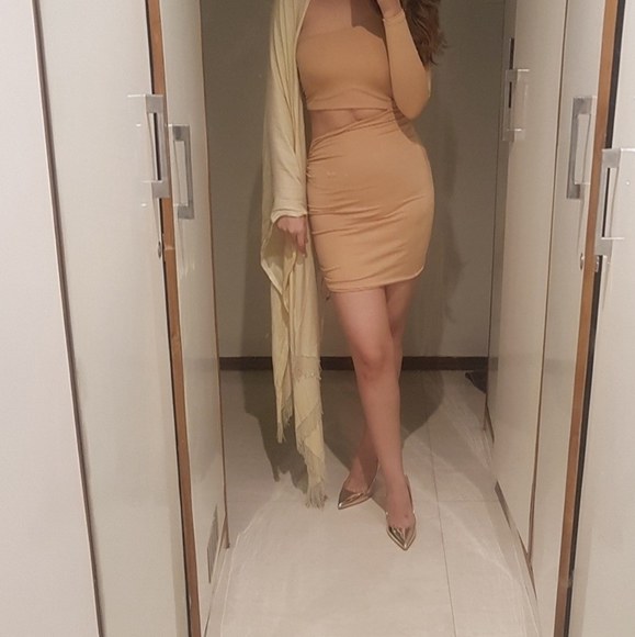 One shoulder cream cut out dress